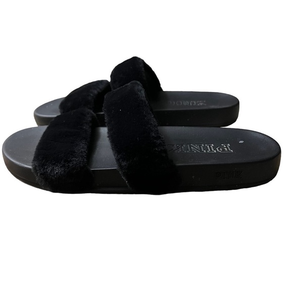 PINK Victoria’s Secret Black Fuzzy Slides Slippers Size M (38/39 or 8-9 US) - Picture 3 of 6